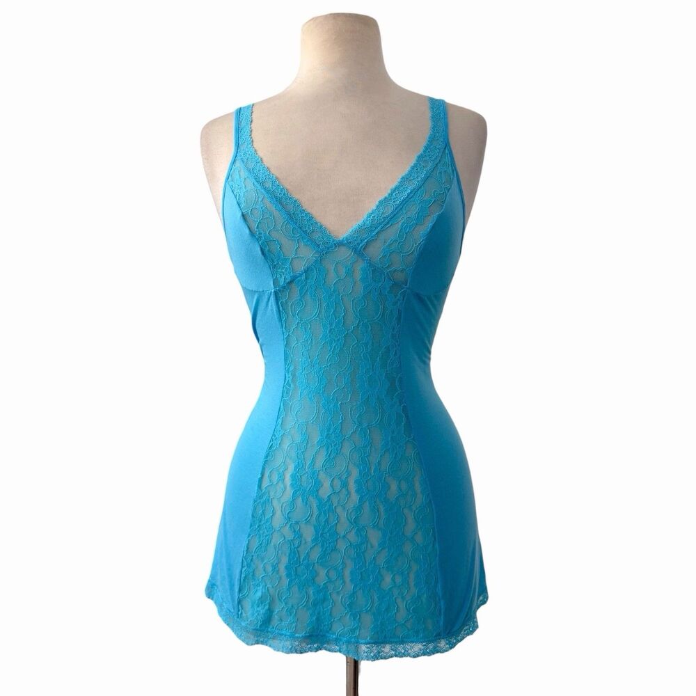 Victoria's Secret Aqua Blue Sheer Lace Slip Dress Chemise Babydoll Nightgown M